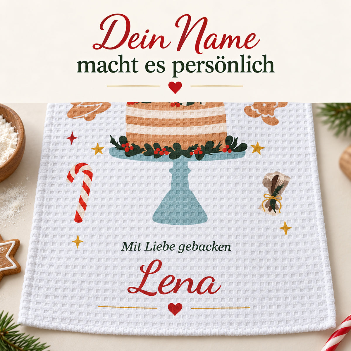 Geschirrtuch Weihnachtsbäckerei mit Namen – Weihnachten – grobes Waffelgewebe, Bild 5