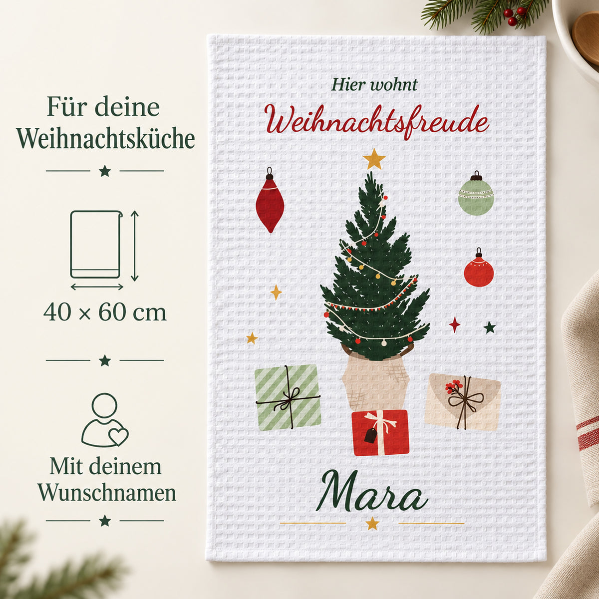 Geschirrtuch Weihnachtsbaum mit Namen – Weihnachten – grobes Waffelgewebe, Bild 4