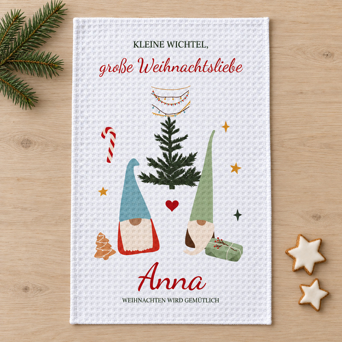 Geschirrtuch Wichtelpaar mit Namen – Weihnachten – grobes Waffelgewebe, Bild 2