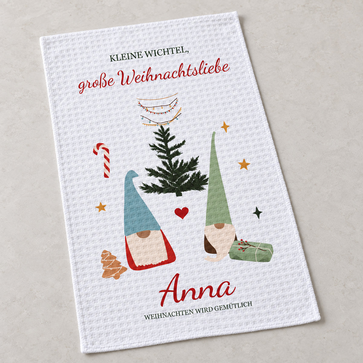 Geschirrtuch Wichtelpaar mit Namen – Weihnachten – grobes Waffelgewebe, Bild 3