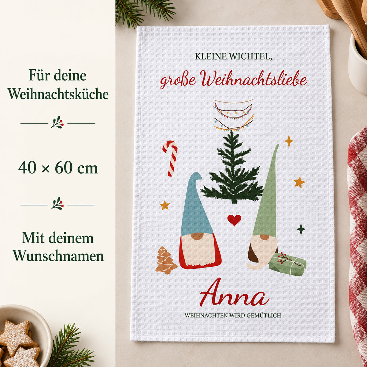 Geschirrtuch Wichtelpaar mit Namen – Weihnachten – grobes Waffelgewebe, Bild 4
