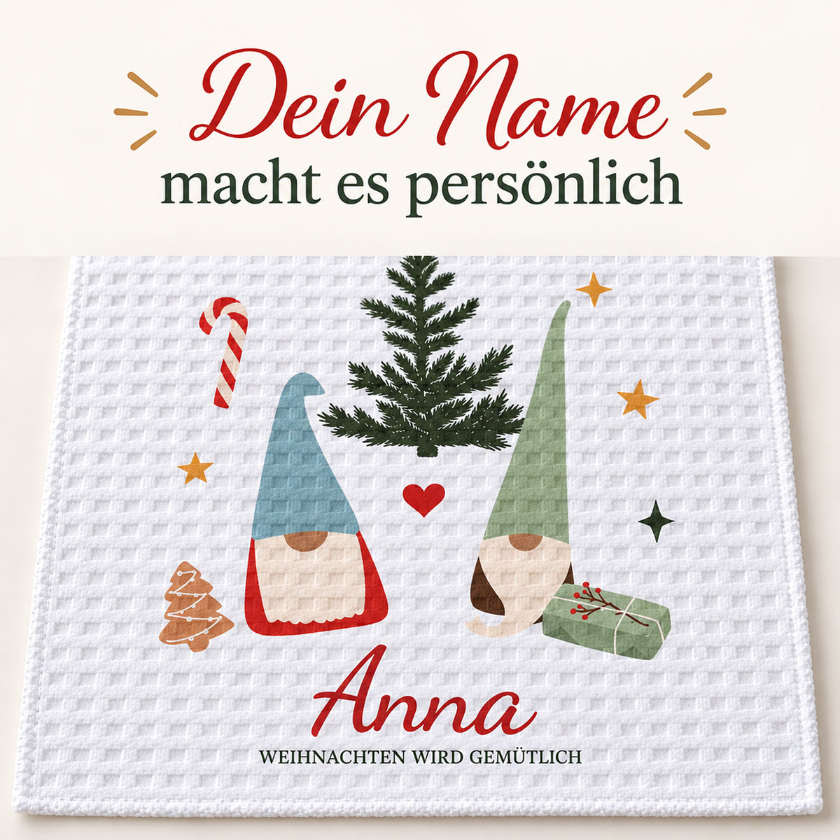 Geschirrtuch Wichtelpaar mit Namen – Weihnachten – grobes Waffelgewebe, Bild 5