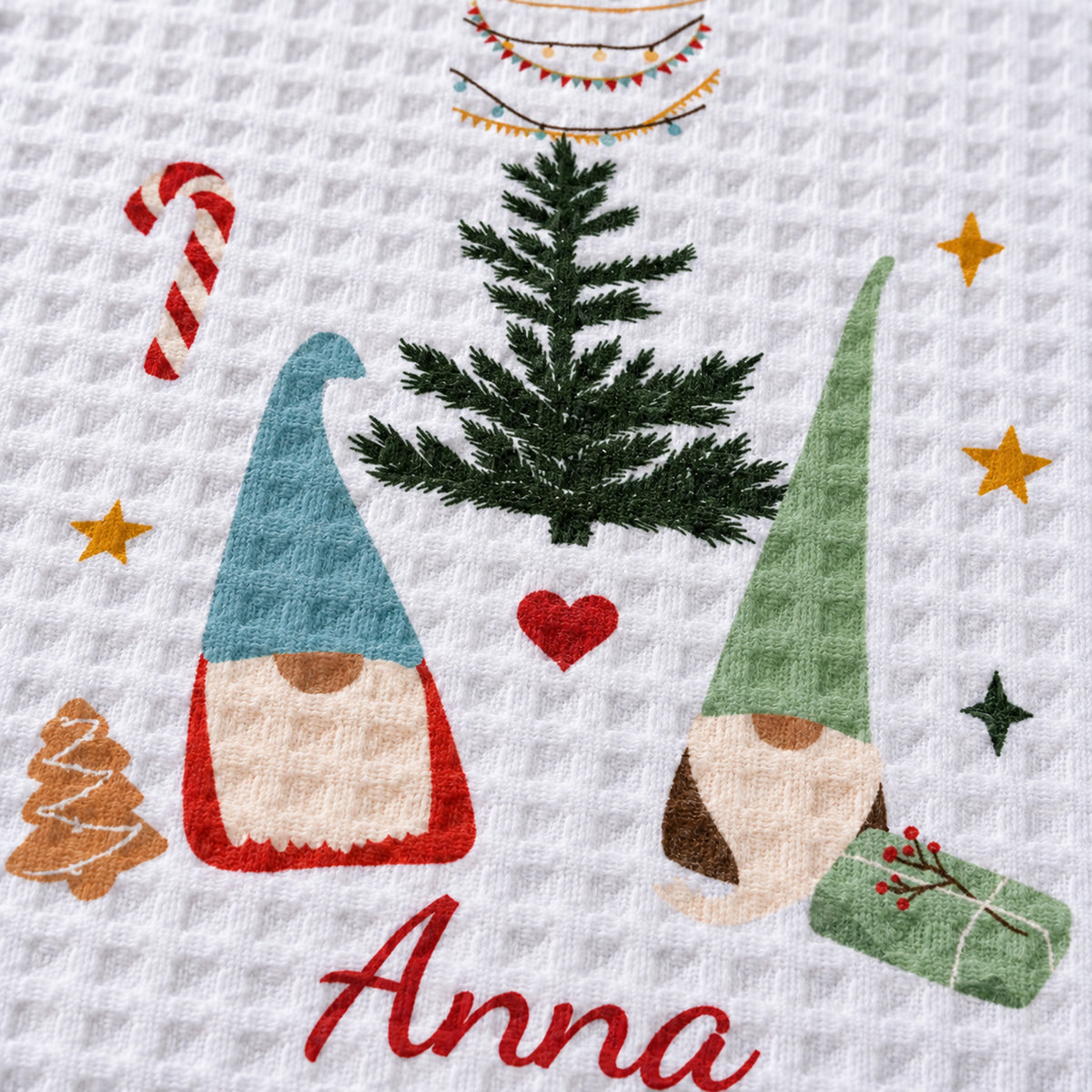 Geschirrtuch Wichtelpaar mit Namen – Weihnachten – grobes Waffelgewebe, Bild 6