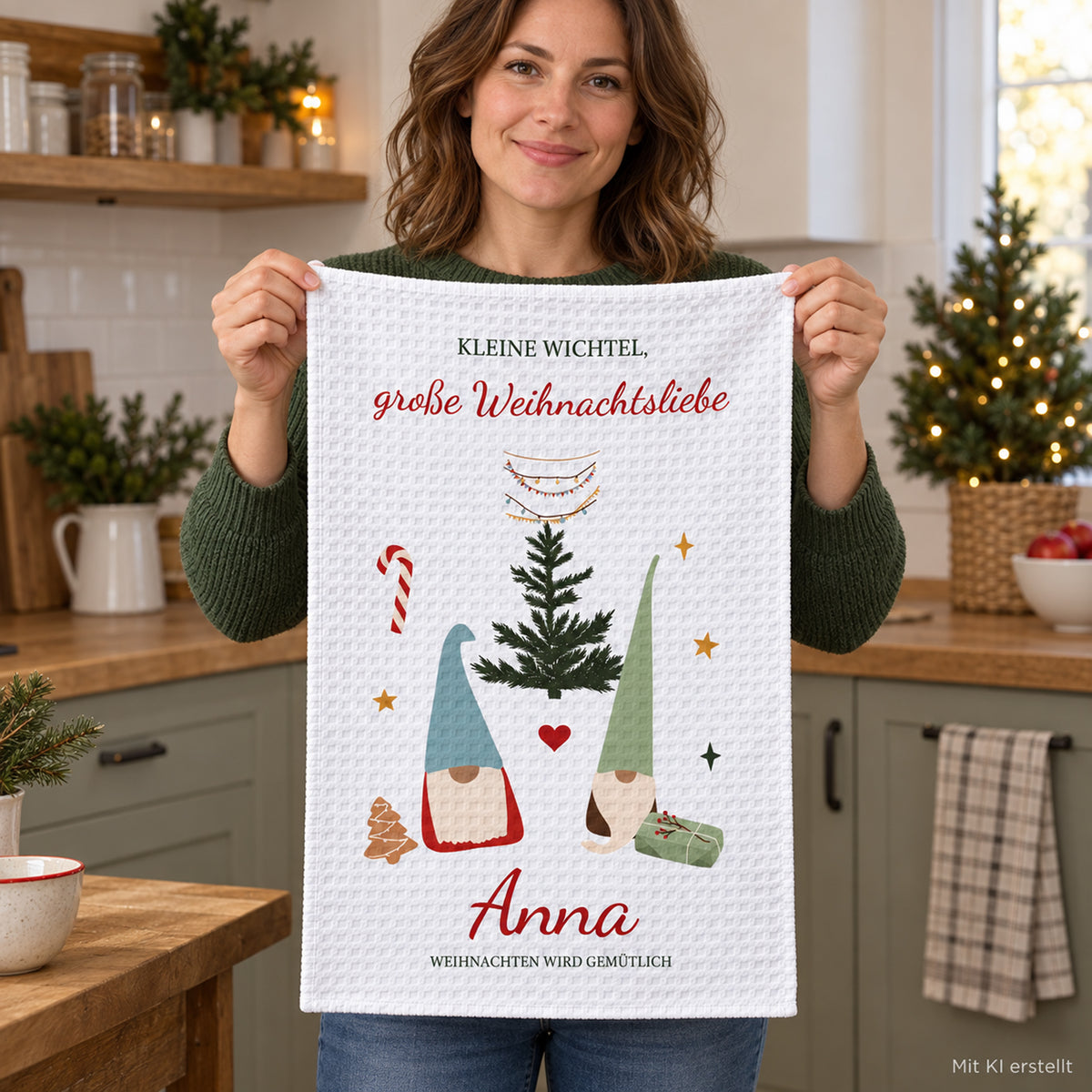 Geschirrtuch Wichtelpaar mit Namen – Weihnachten – grobes Waffelgewebe, Bild 7