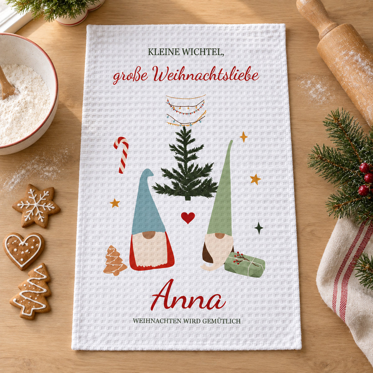 Geschirrtuch Wichtelpaar mit Namen – Weihnachten – grobes Waffelgewebe, Bild 8