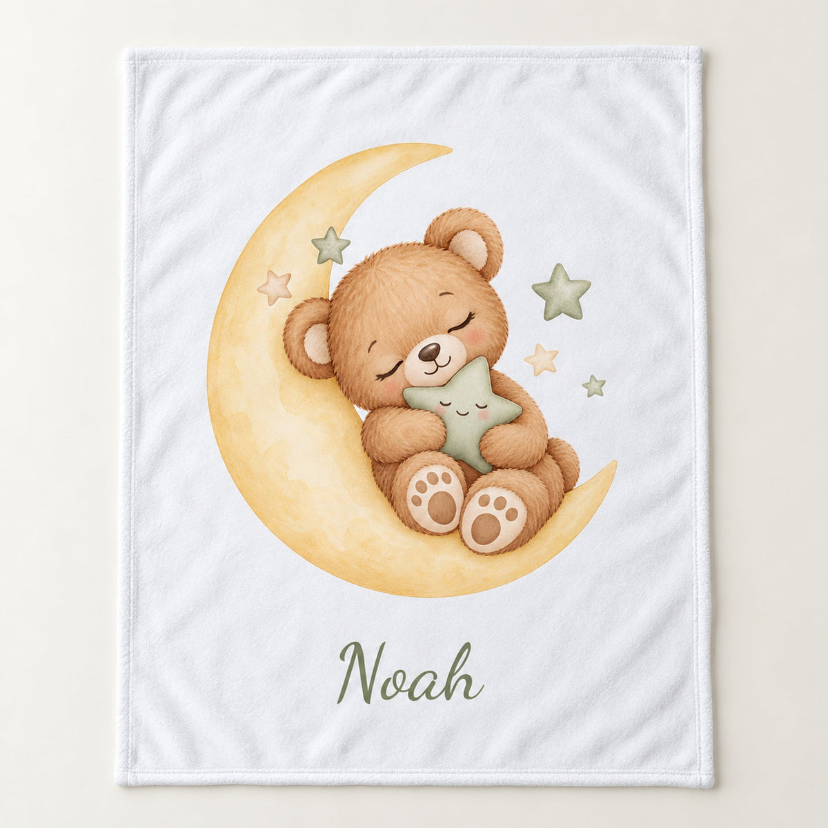 Weiße Babydecke mit Bärchen auf dem Mond und Beispielname Noah – hero