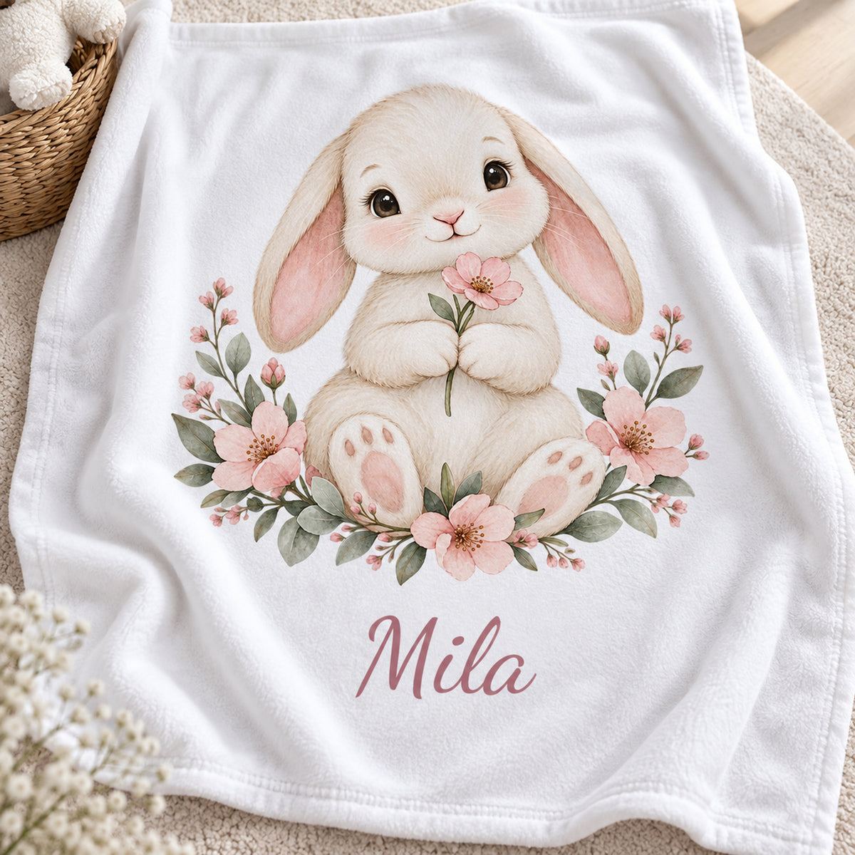 Weiße Babydecke mit Blumenhäschen und Beispielname Mila – motivdetail