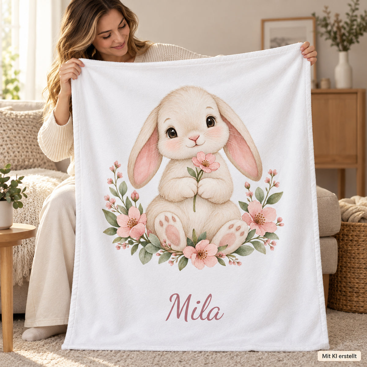Weiße Babydecke mit Blumenhäschen und Beispielname Mila – mit-person
