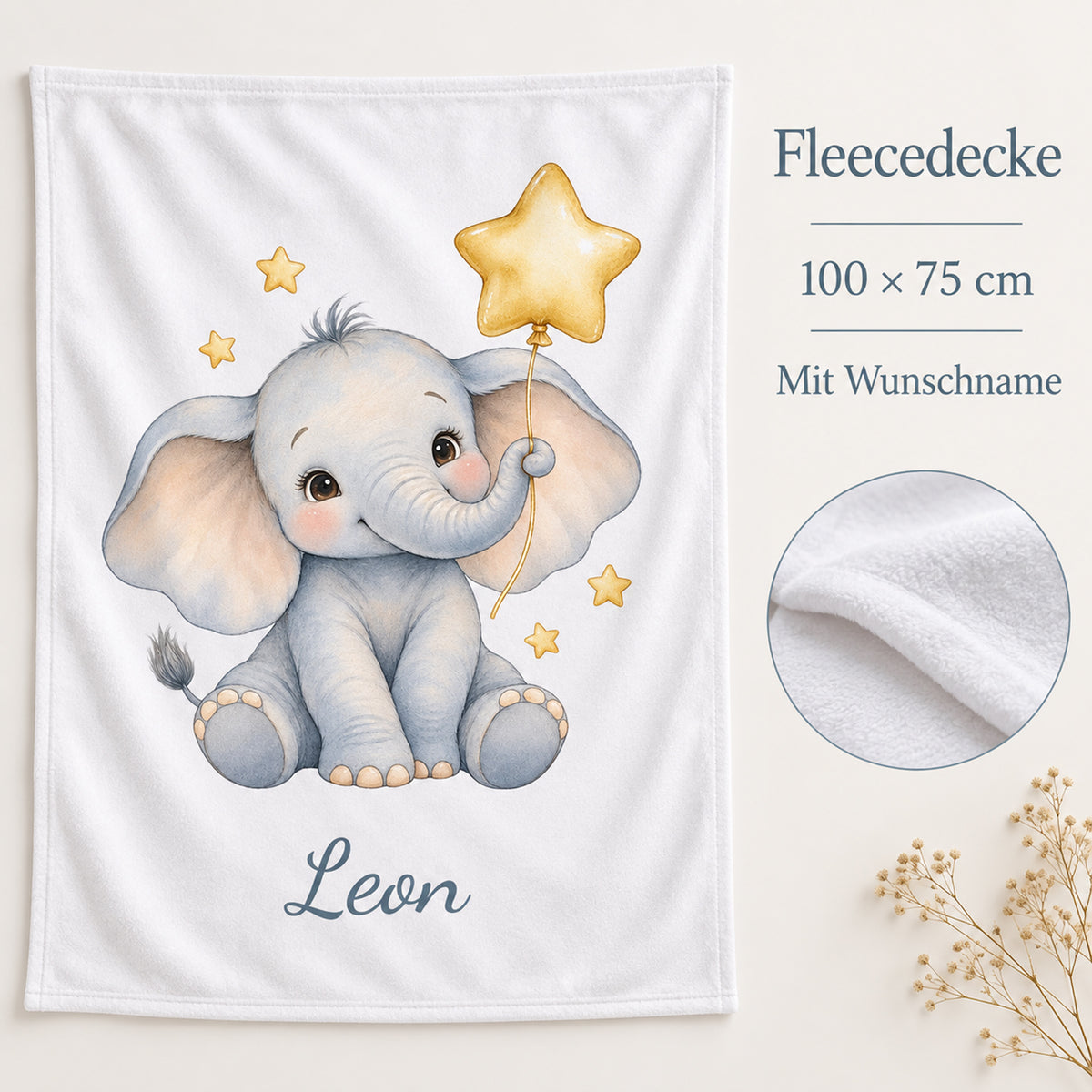 Weiße Babydecke mit Elefant mit Sternballon und Beispielname Leon – produktdetails