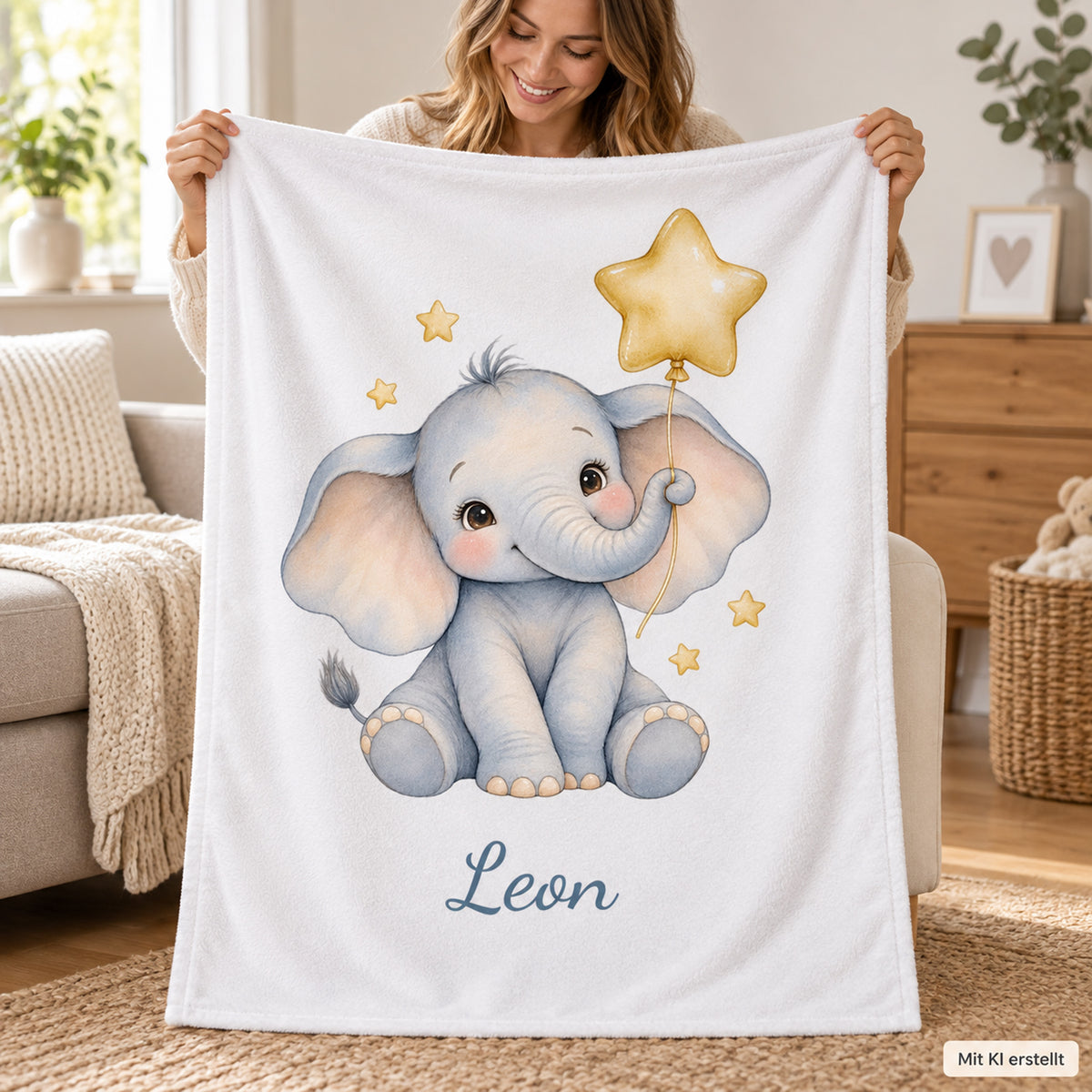 Weiße Babydecke mit Elefant mit Sternballon und Beispielname Leon – mit-person