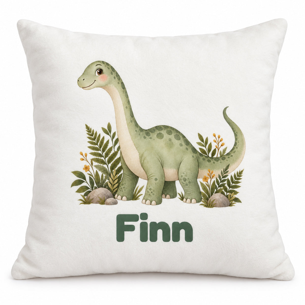 Personalisierter Dino-Kissenbezug: Langhals im Farnwald, Beispielname Finn – Produktfoto auf weißem Hintergrund