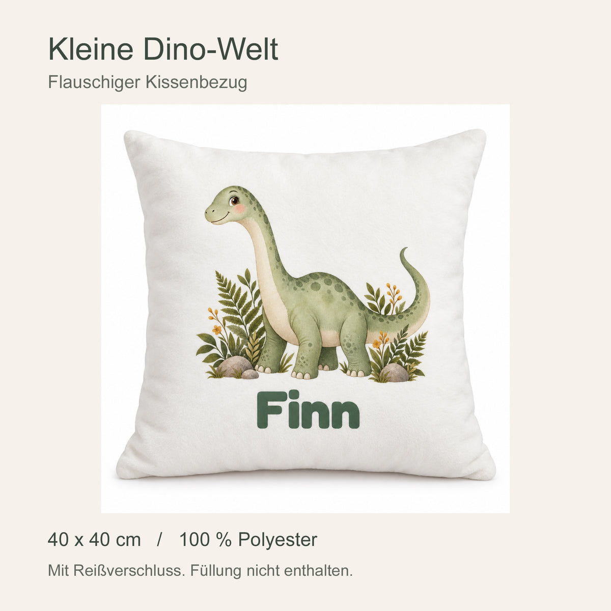 Personalisierter Dino-Kissenbezug: Langhals im Farnwald, Beispielname Finn – Produktdetails