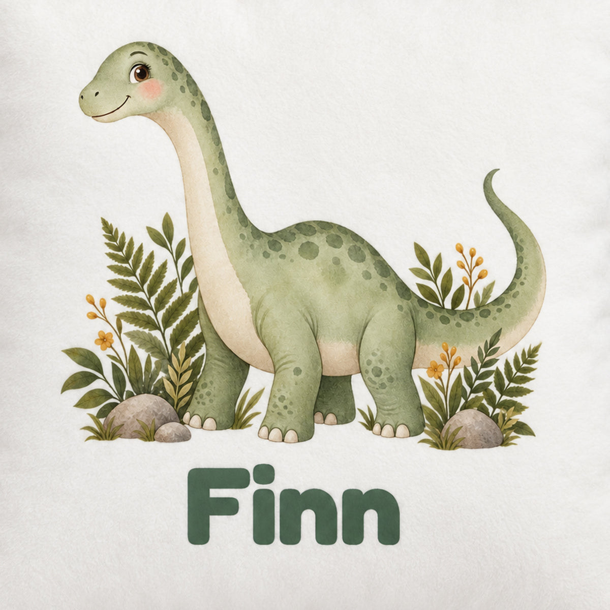 Personalisierter Dino-Kissenbezug: Langhals im Farnwald, Beispielname Finn – Motiv und Name im Detail