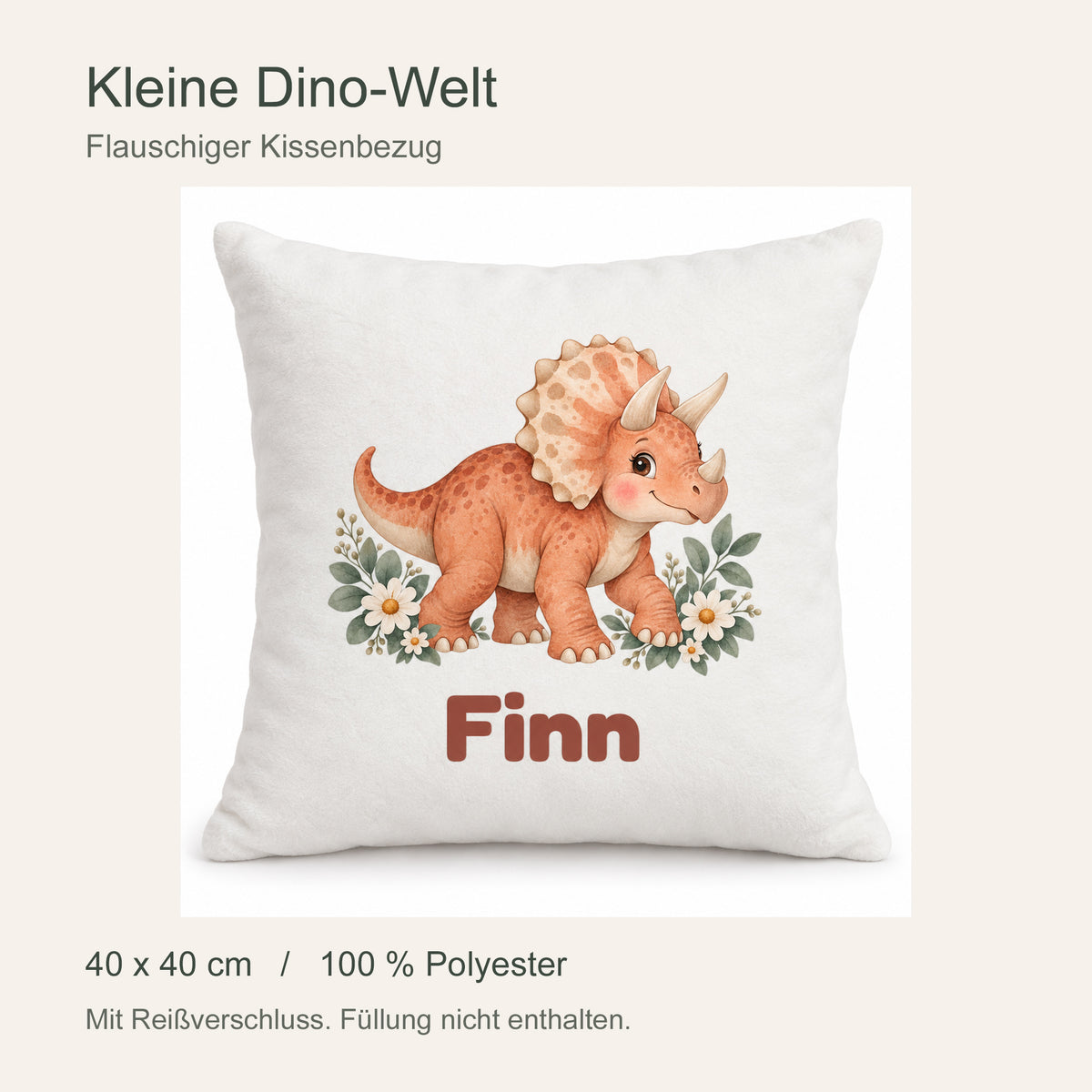 Personalisierter Dino-Kissenbezug: Triceratops mit Blumen, Beispielname Finn – Produktdetails