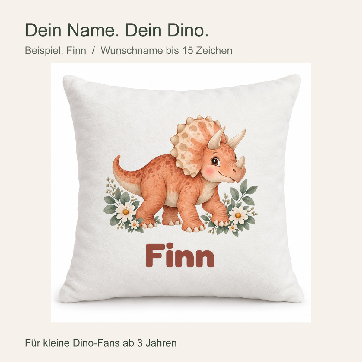 Personalisierter Dino-Kissenbezug: Triceratops mit Blumen, Beispielname Finn – Personalisierung