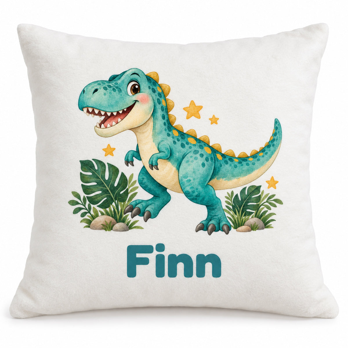 Personalisierter Dino-Kissenbezug: T-Rex auf Abenteuer, Beispielname Finn – Produktfoto auf weißem Hintergrund