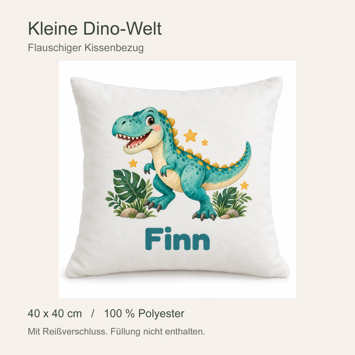 Personalisierter Dino-Kissenbezug: T-Rex auf Abenteuer, Beispielname Finn – Produktdetails