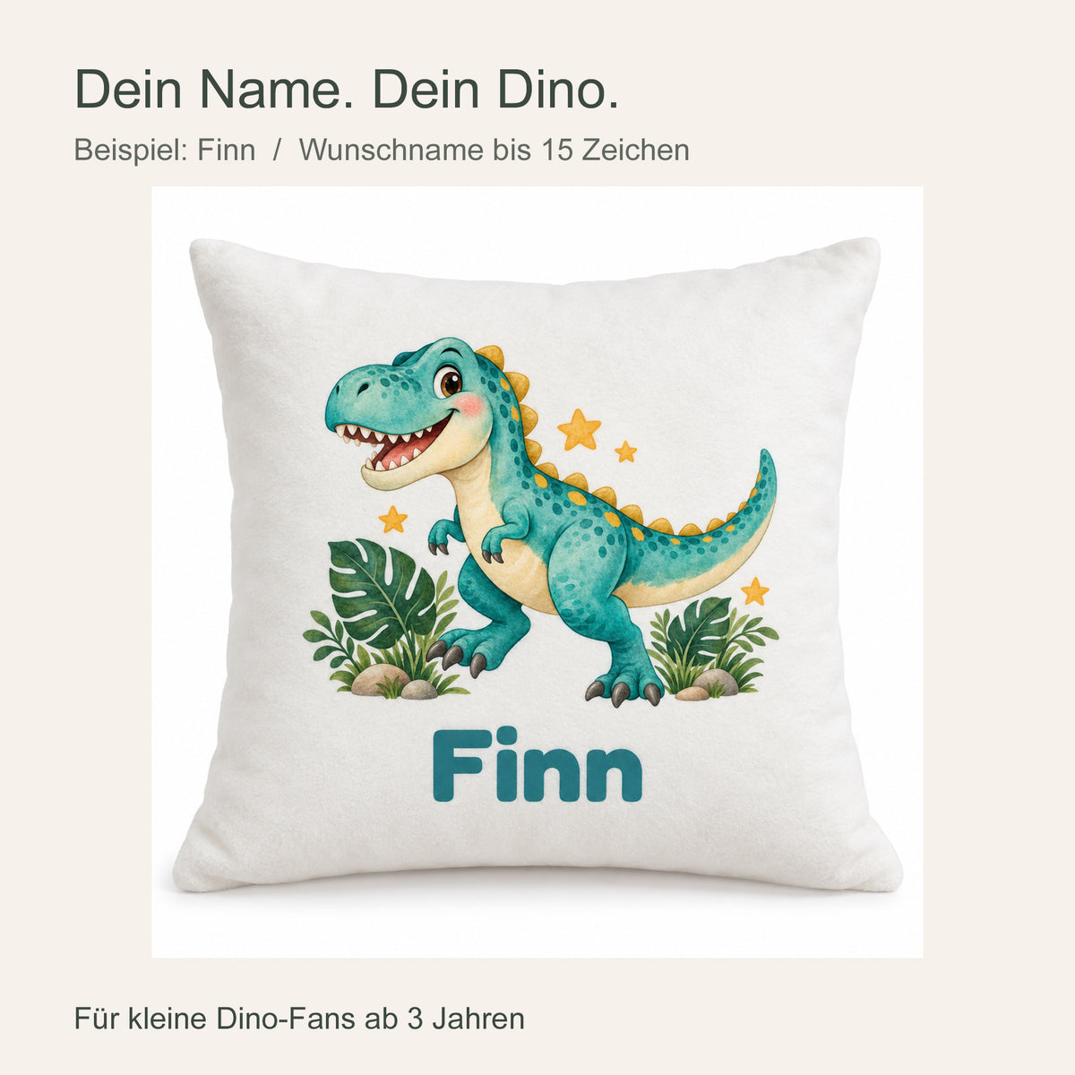 Personalisierter Dino-Kissenbezug: T-Rex auf Abenteuer, Beispielname Finn – Personalisierung