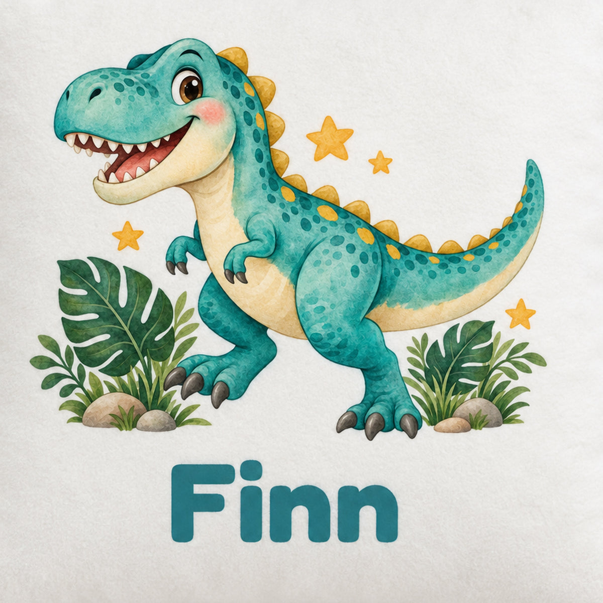 Personalisierter Dino-Kissenbezug: T-Rex auf Abenteuer, Beispielname Finn – Motiv und Name im Detail