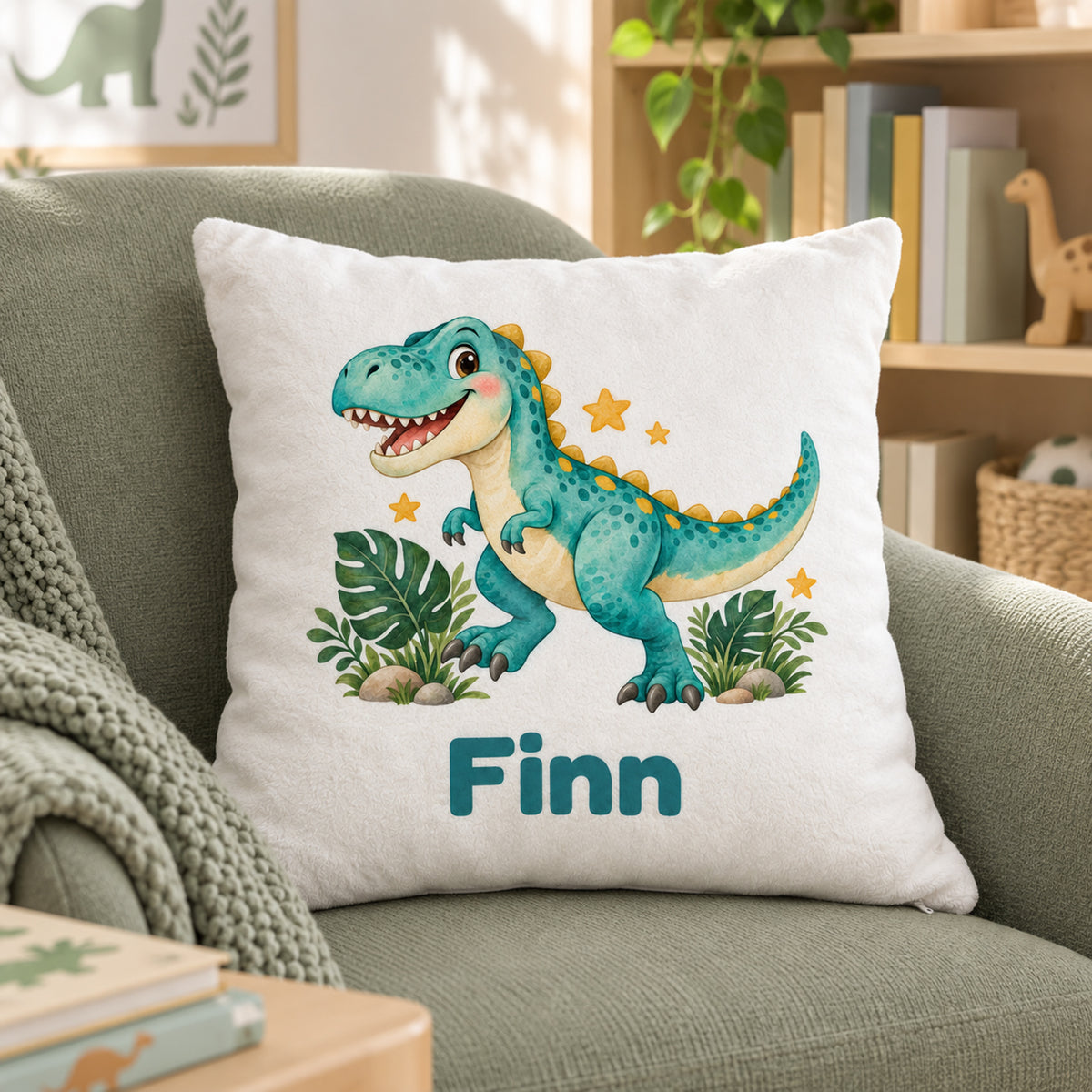 Personalisierter Dino-Kissenbezug: T-Rex auf Abenteuer, Beispielname Finn – Kinderzimmer und Wohnumgebung