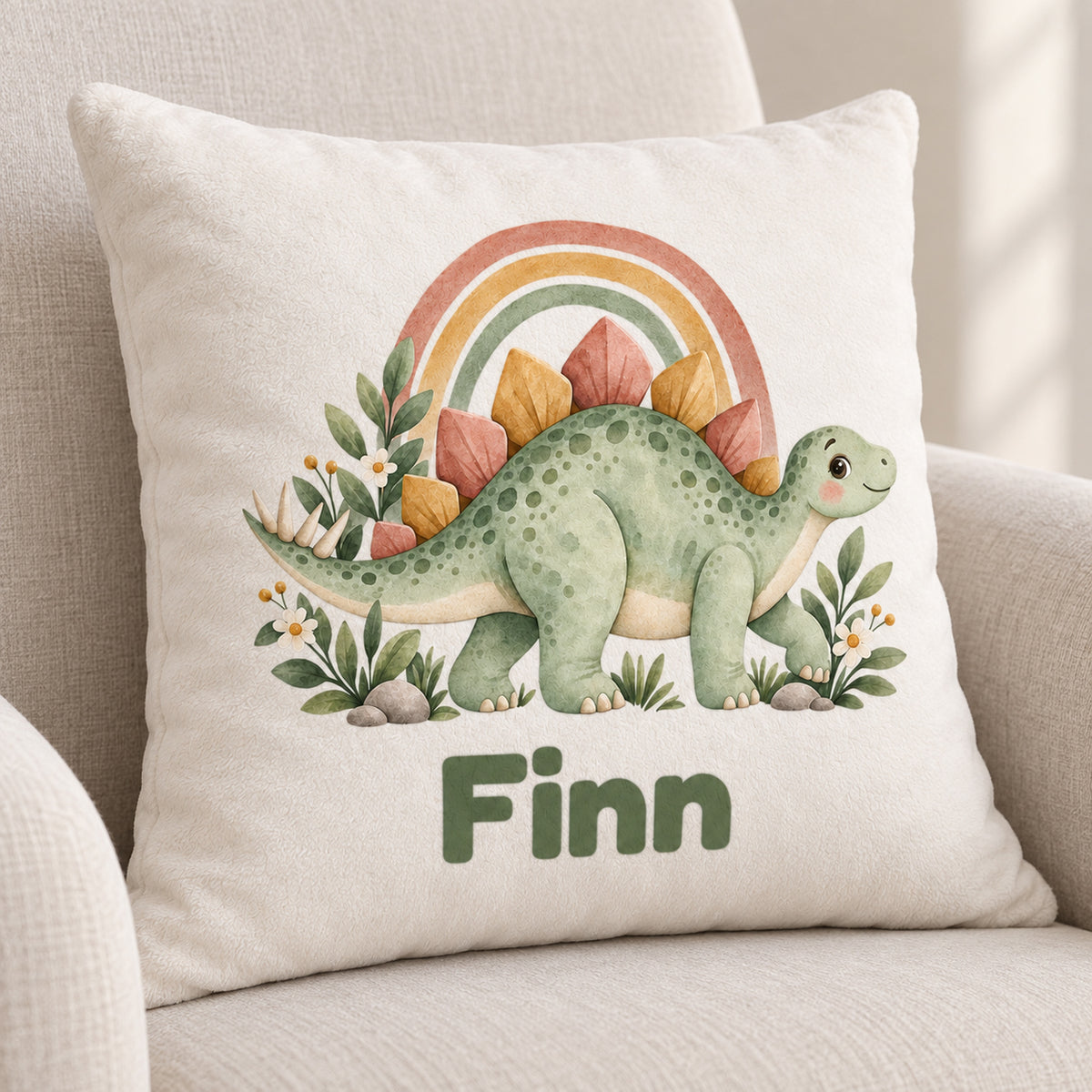Personalisierter Dino-Kissenbezug: Stegosaurus mit Regenbogen, Beispielname Finn – Kissenbezug auf hellem Sofa