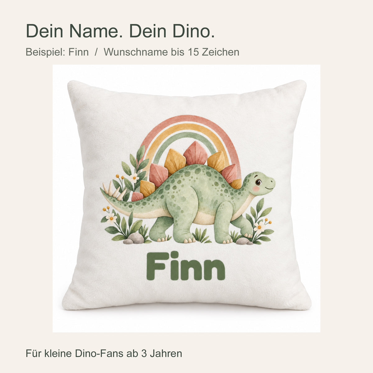 Personalisierter Dino-Kissenbezug: Stegosaurus mit Regenbogen, Beispielname Finn – Personalisierung