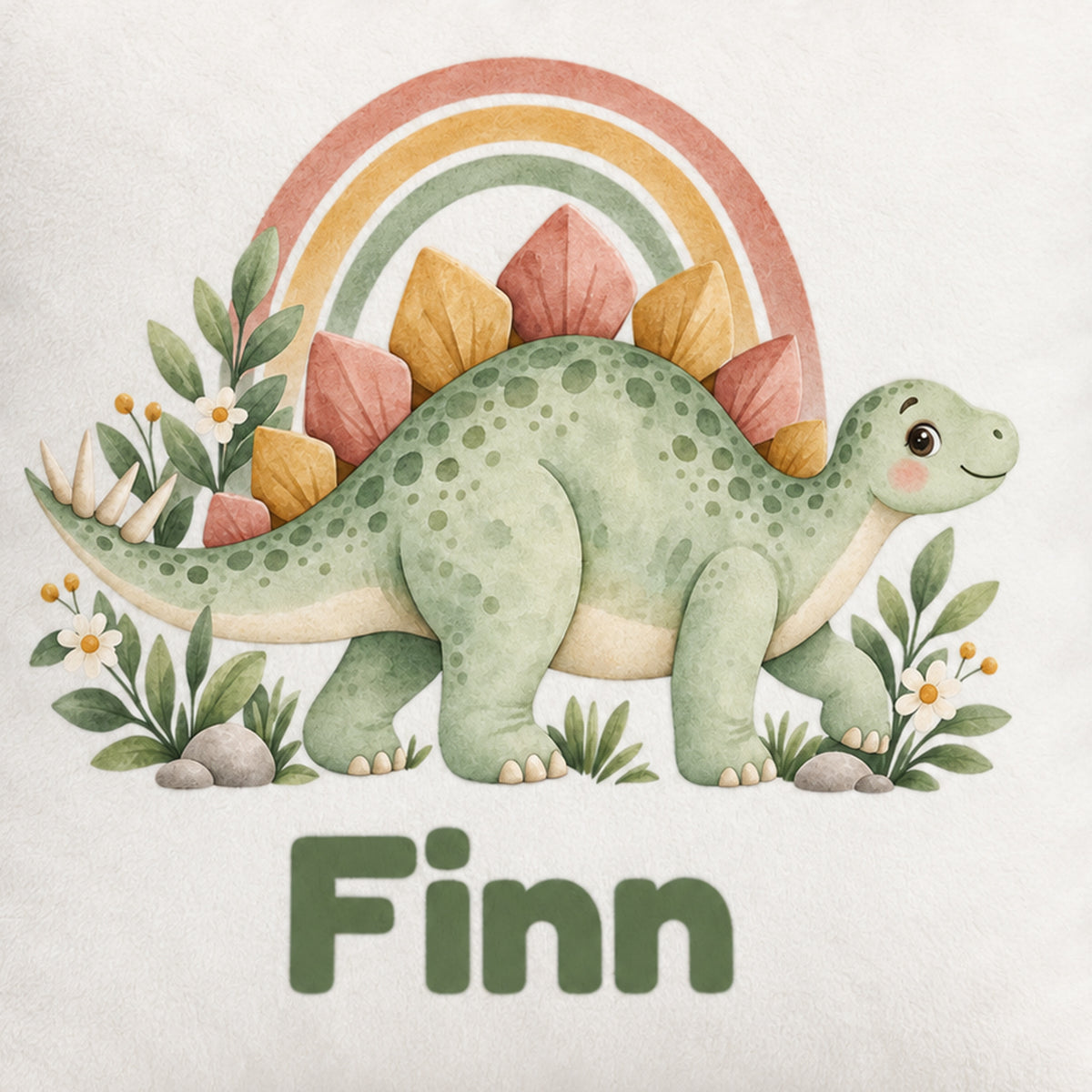 Personalisierter Dino-Kissenbezug: Stegosaurus mit Regenbogen, Beispielname Finn – Motiv und Name im Detail
