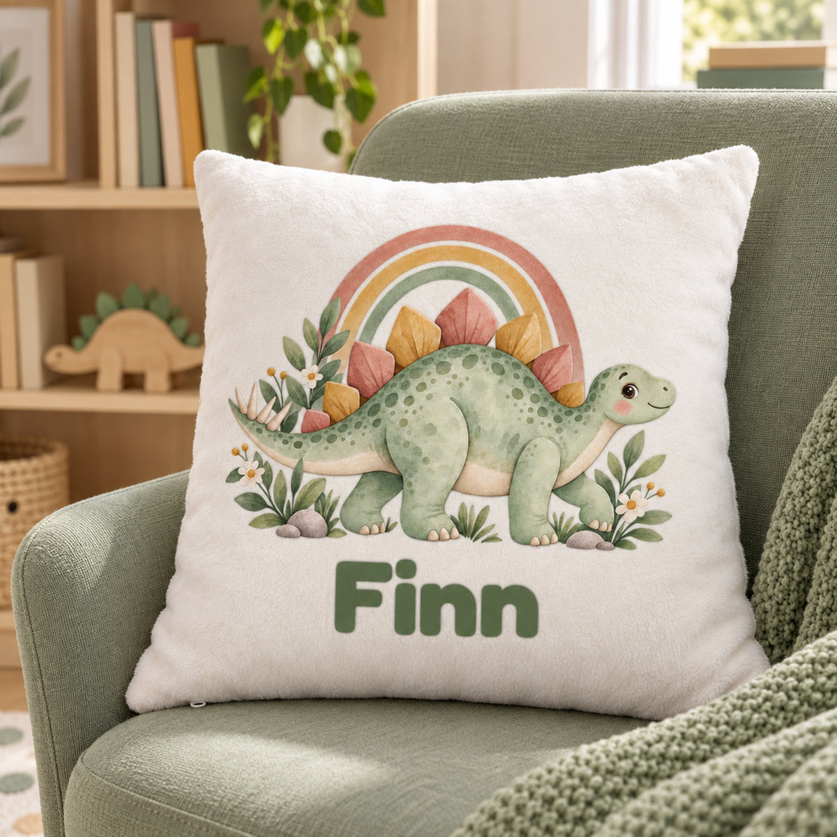 Personalisierter Dino-Kissenbezug: Stegosaurus mit Regenbogen, Beispielname Finn – Kinderzimmer und Wohnumgebung