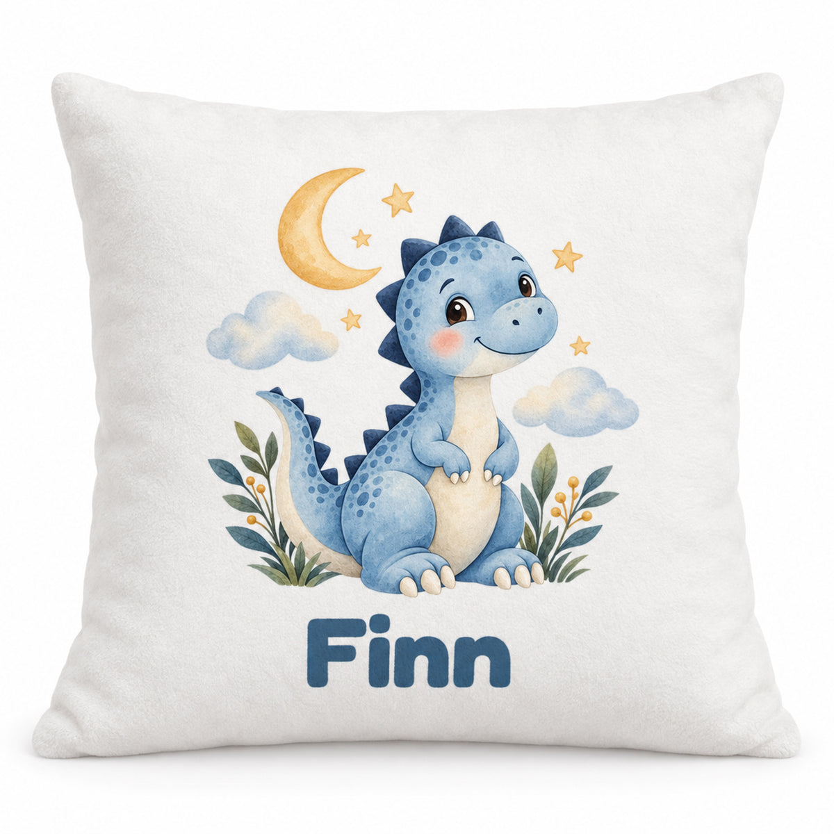 Personalisierter Dino-Kissenbezug: Dino unter Mond und Sternen, Beispielname Finn – Produktfoto auf weißem Hintergrund