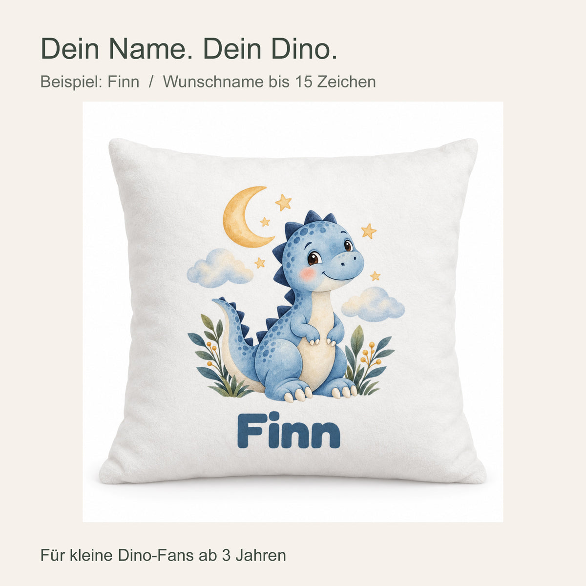 Personalisierter Dino-Kissenbezug: Dino unter Mond und Sternen, Beispielname Finn – Personalisierung
