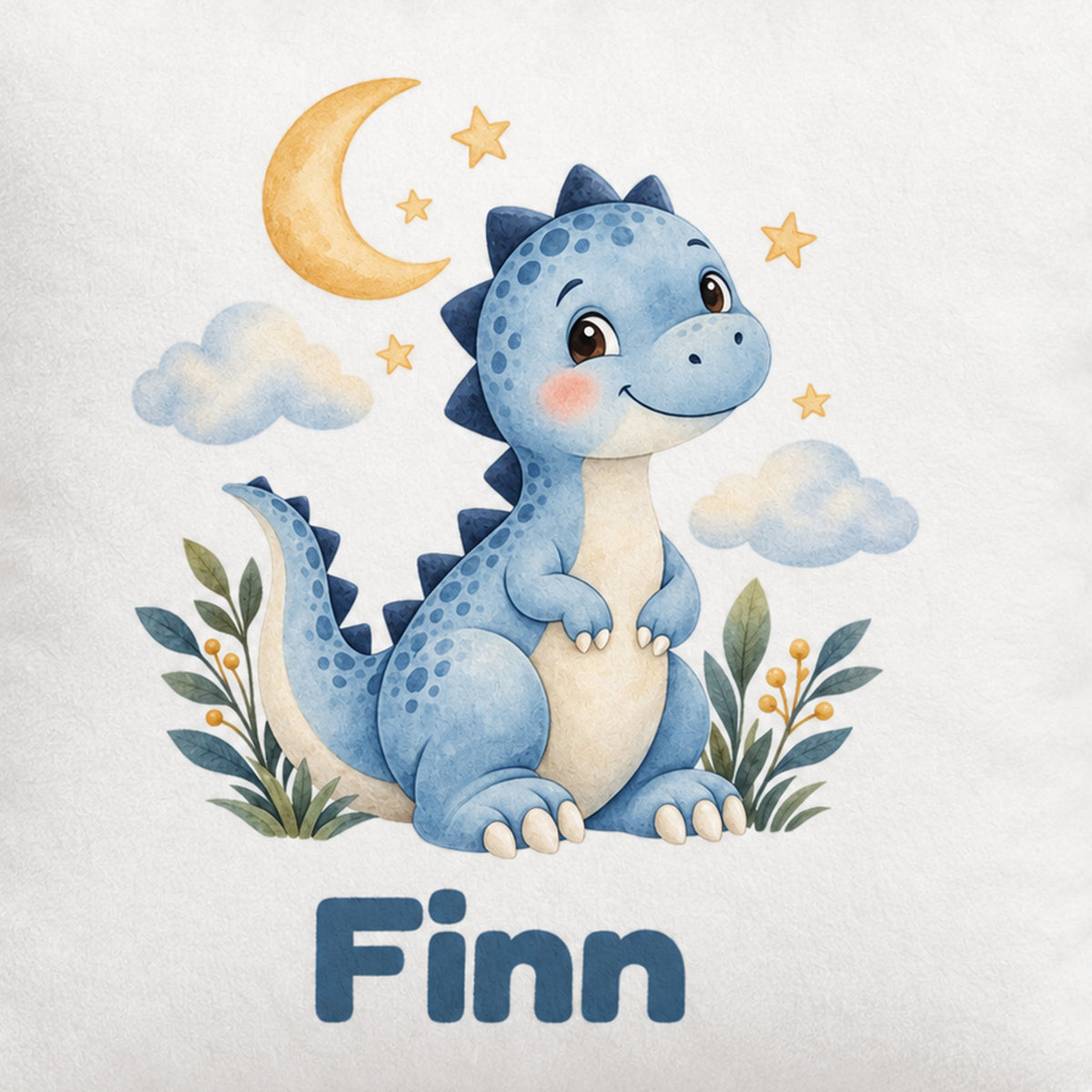 Personalisierter Dino-Kissenbezug: Dino unter Mond und Sternen, Beispielname Finn – Motiv und Name im Detail