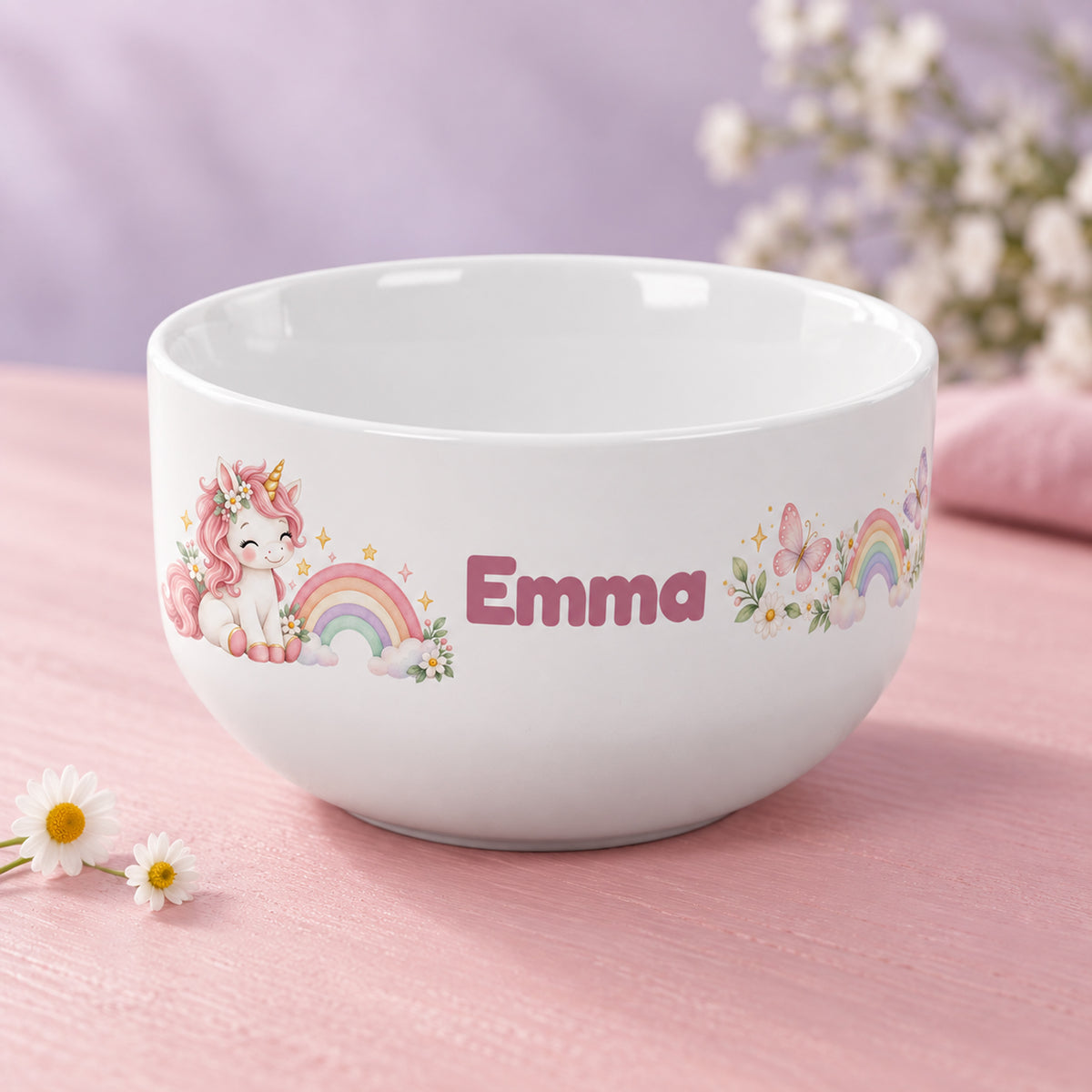 Schrägansicht der Müslischale Einhorn mit Beispielname Emma
