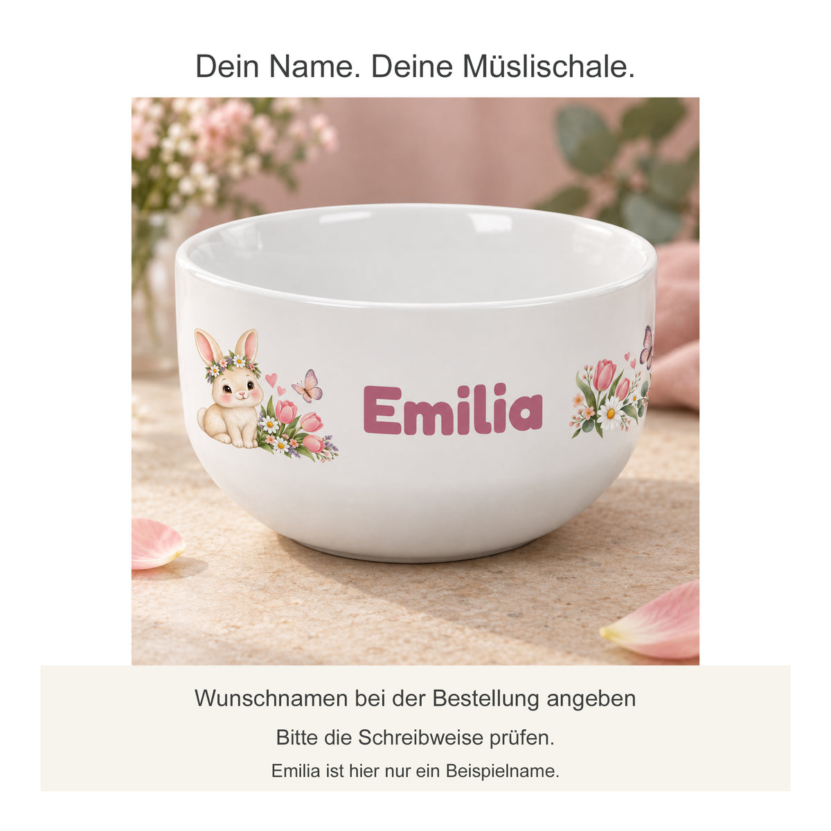 Personalisierte Müslischale Blumenhäschen mit Hinweis zum Wunschnamen