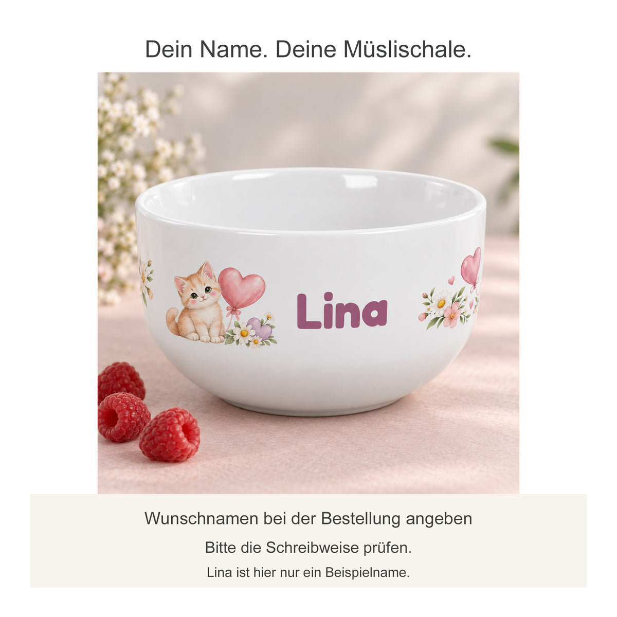 Personalisierte Müslischale Kätzchen mit Herzballon mit Hinweis zum Wunschnamen