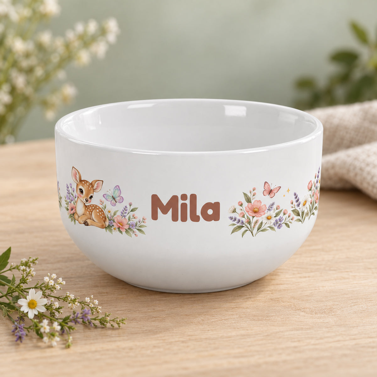 Schrägansicht der Müslischale Rehkitz mit Beispielname Mila