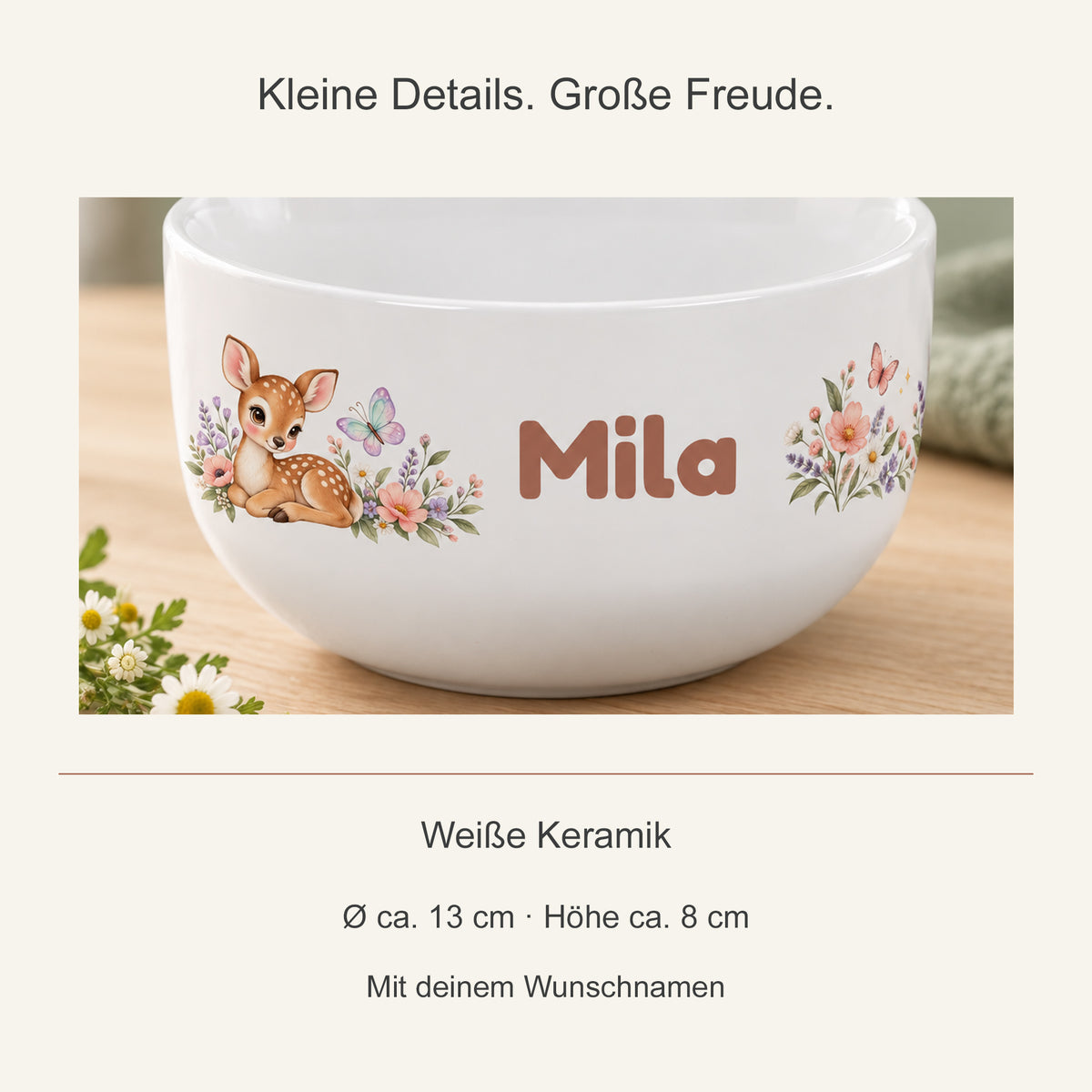 Motivdetail der Keramikschale und Angaben zu Größe und Personalisierung