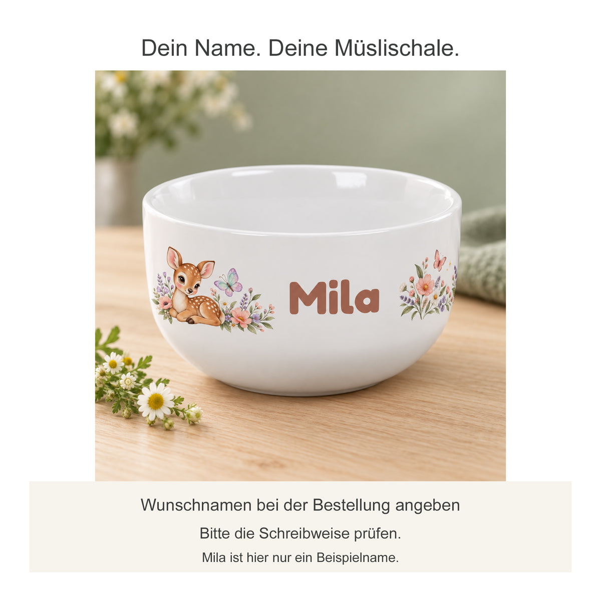 Personalisierte Müslischale Rehkitz mit Hinweis zum Wunschnamen