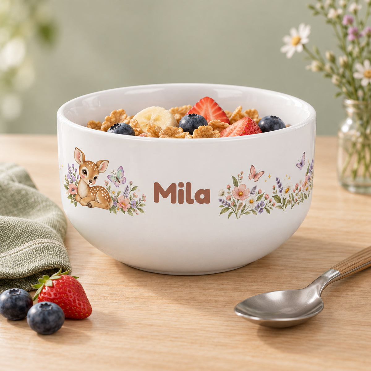 Frühstücksszene mit der Müslischale Rehkitz und Beispielname Mila