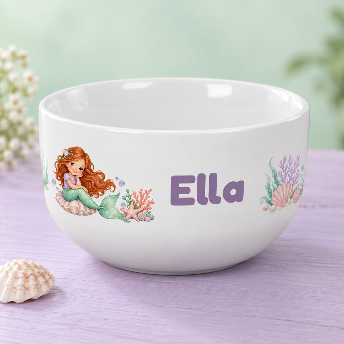 Weiße Müslischale mit Meerjungfrau-Motiv und Beispielname Ella