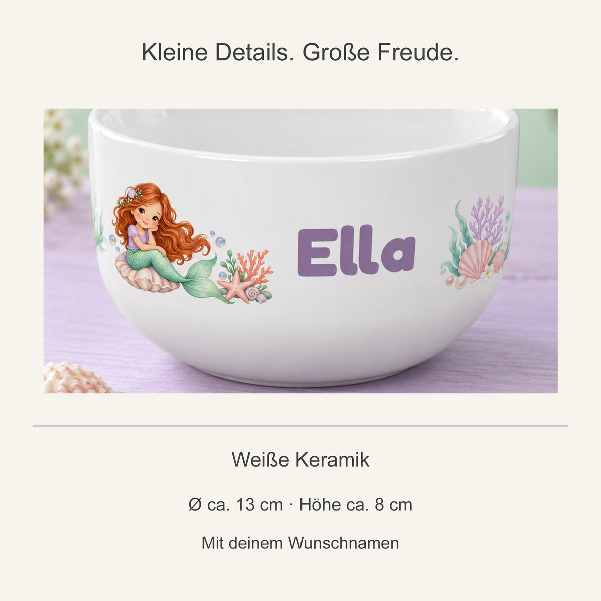 Motivdetail der Keramikschale und Angaben zu Größe und Personalisierung