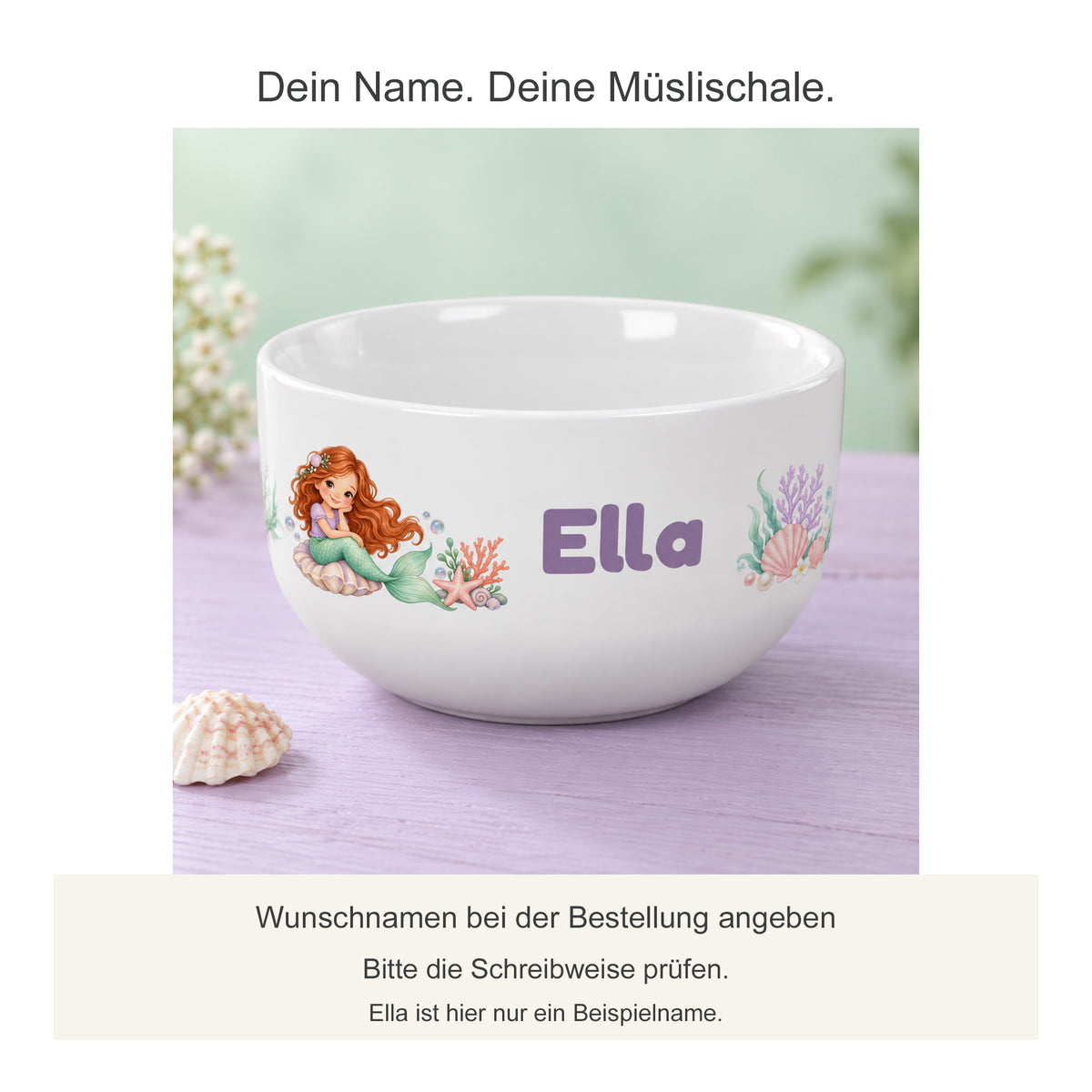 Personalisierte Müslischale Meerjungfrau mit Hinweis zum Wunschnamen