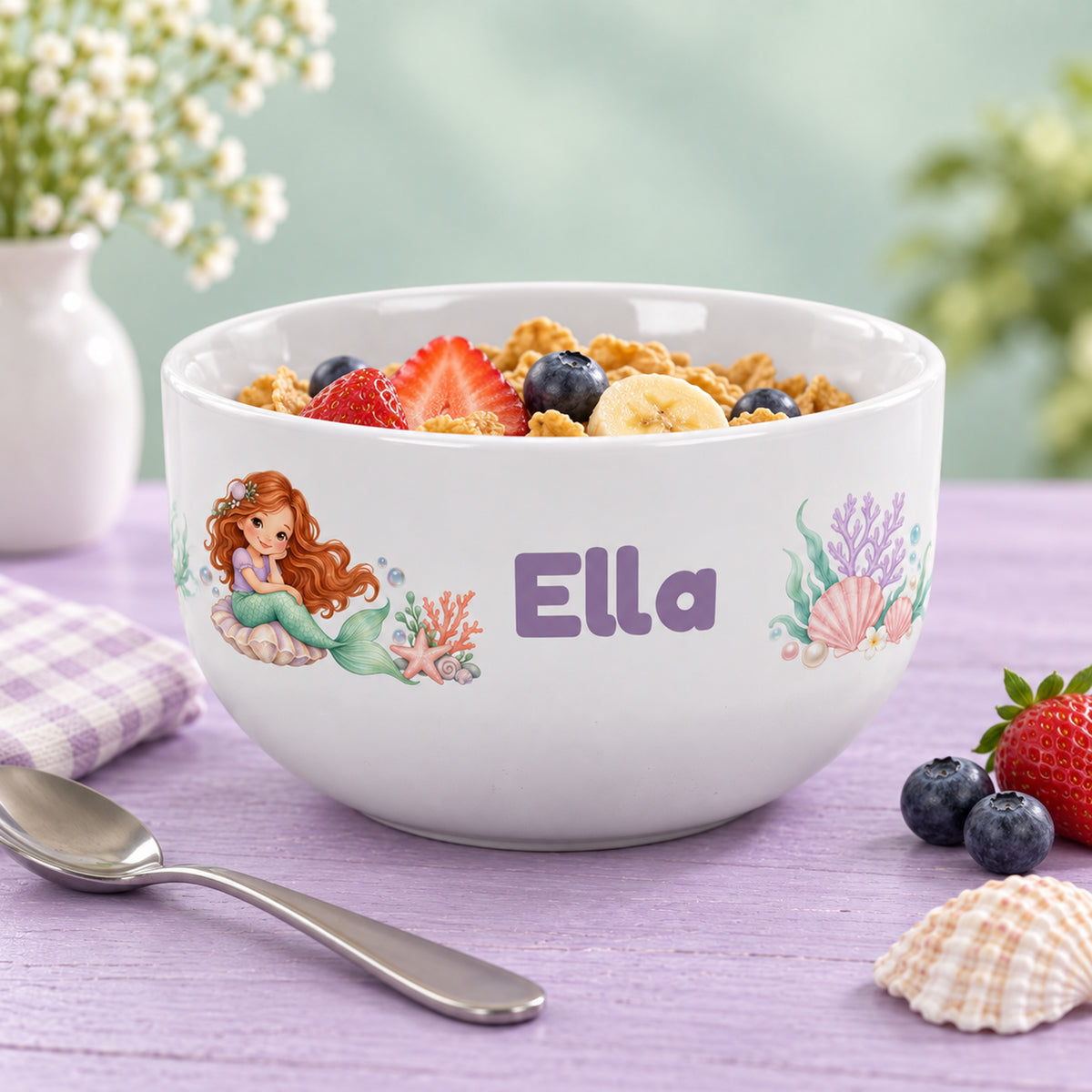 Frühstücksszene mit der Müslischale Meerjungfrau und Beispielname Ella