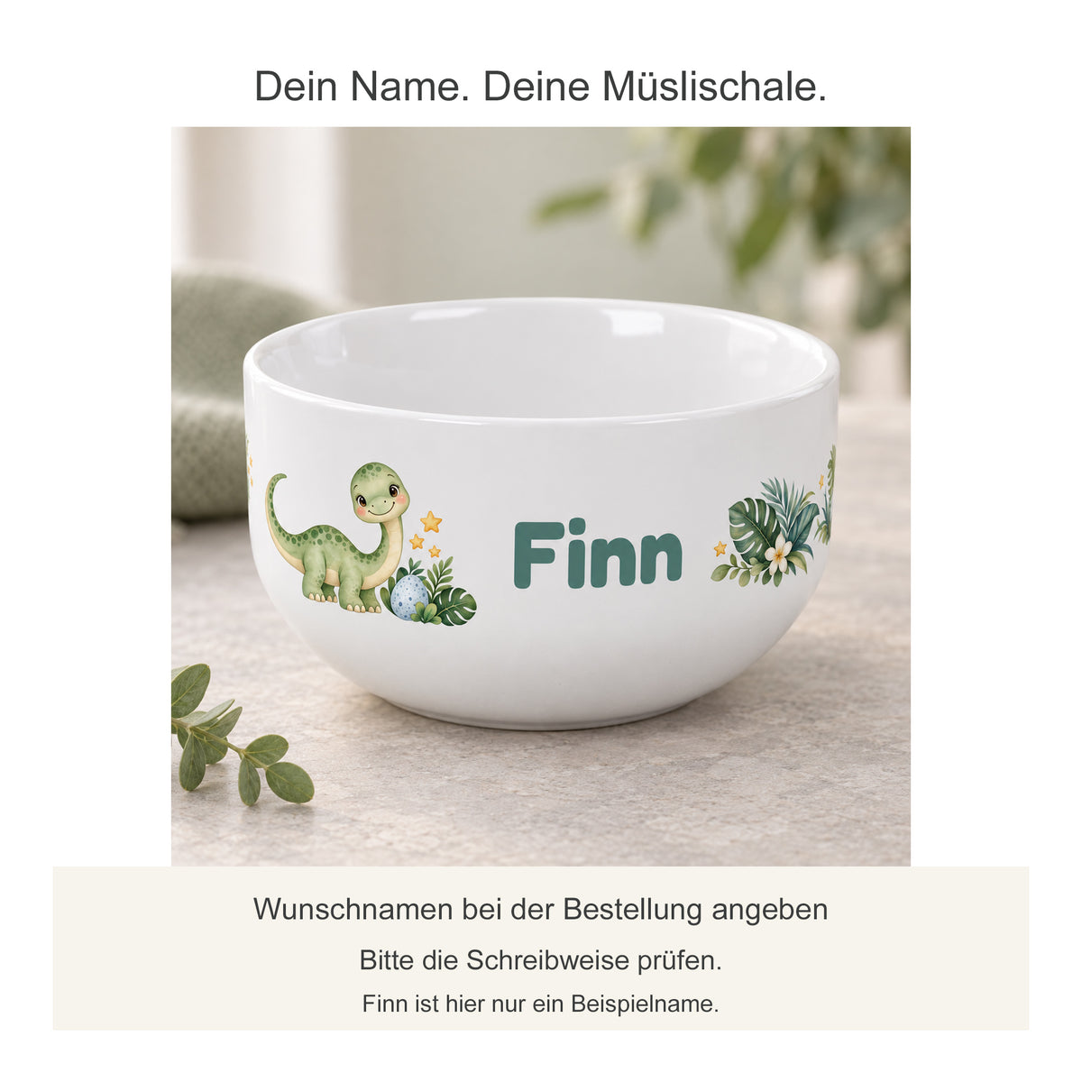 Personalisierte Müslischale Dino mit Hinweis zum Wunschnamen
