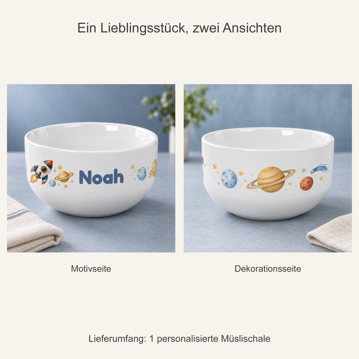 Zwei Ansichten einer einzelnen Müslischale mit Rakete-Motiv