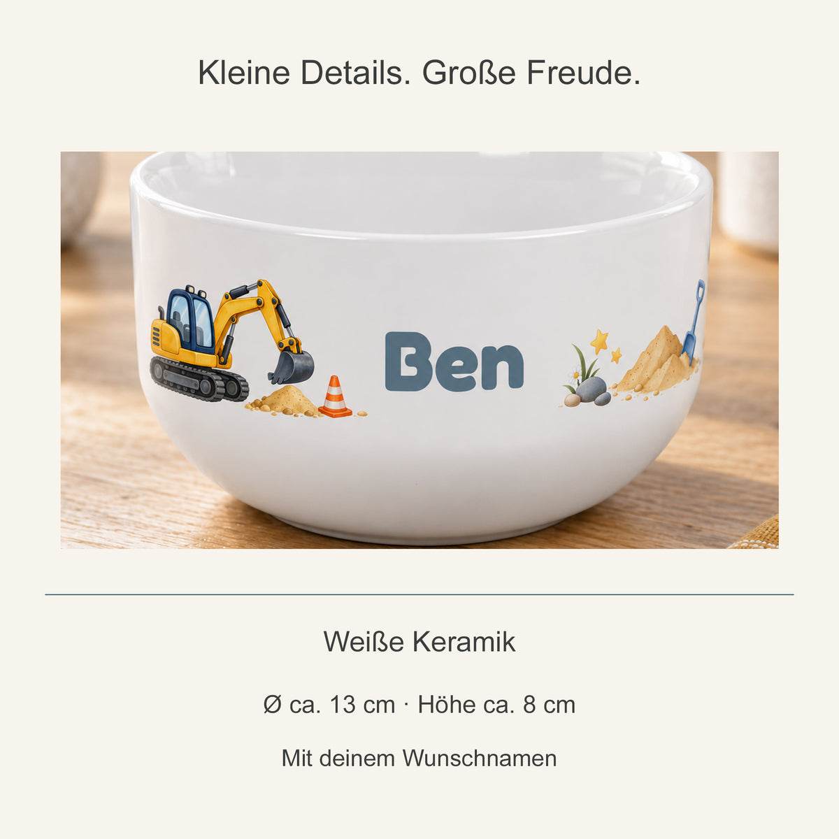 Motivdetail der Keramikschale und Angaben zu Größe und Personalisierung