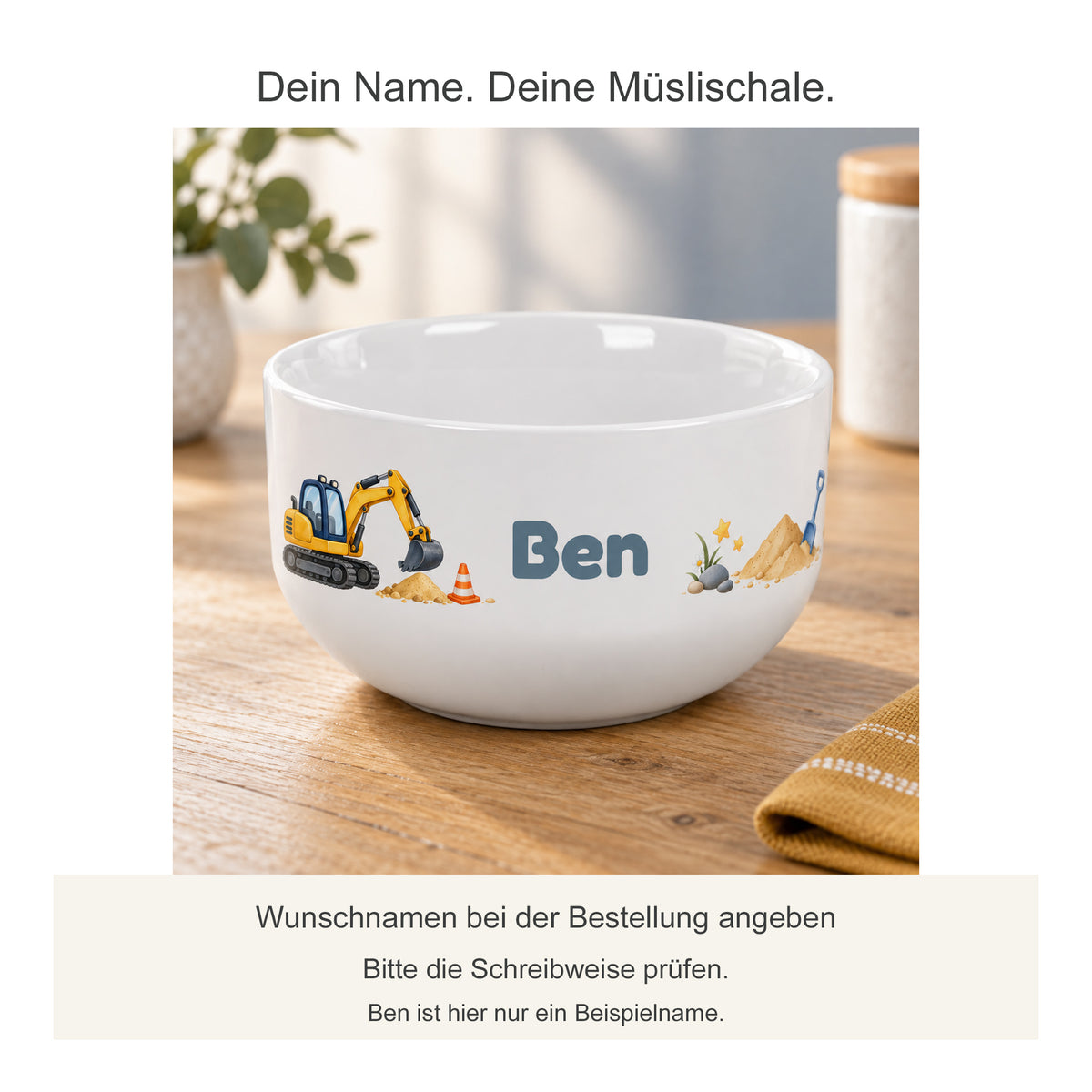 Personalisierte Müslischale Bagger mit Hinweis zum Wunschnamen