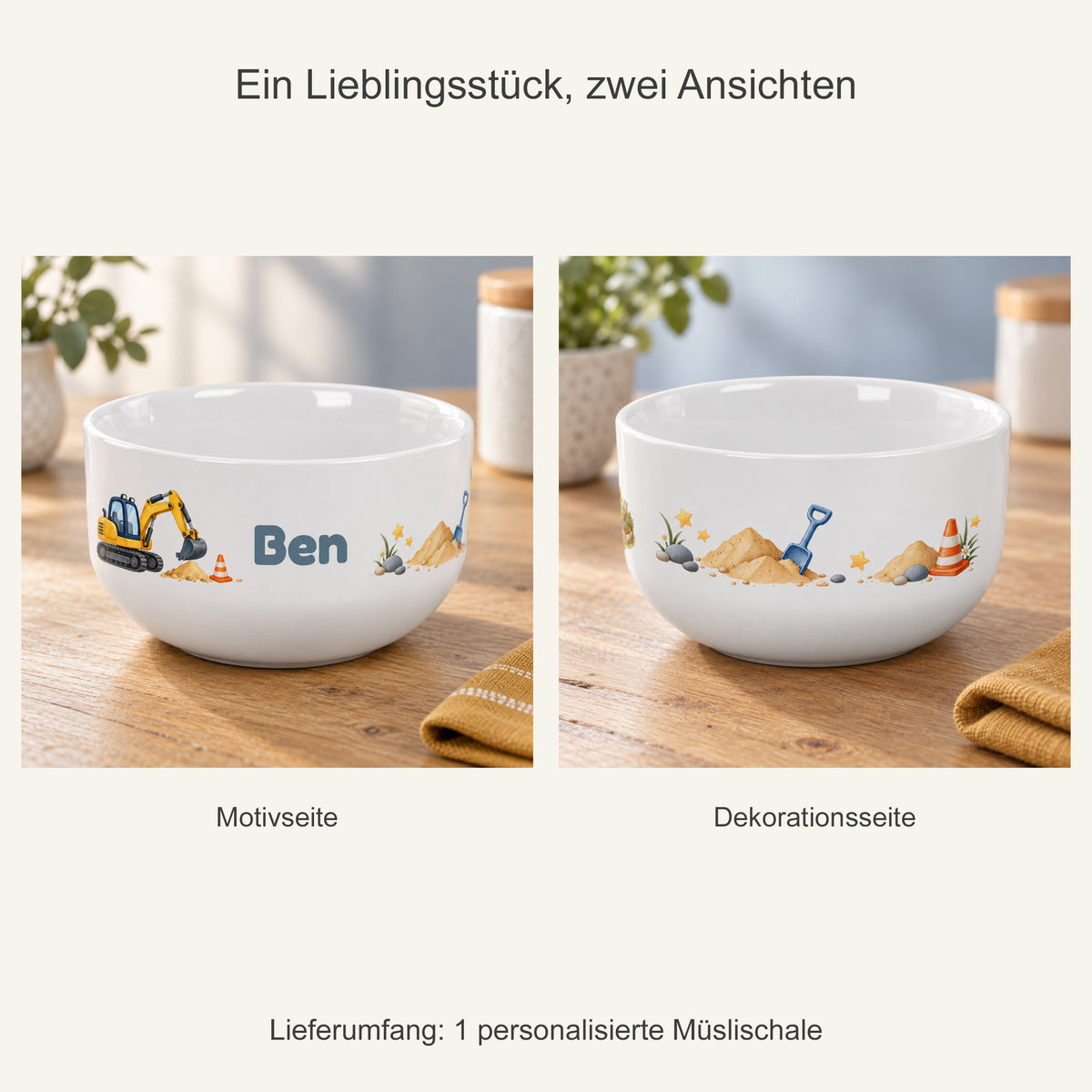 Zwei Ansichten einer einzelnen Müslischale mit Bagger-Motiv
