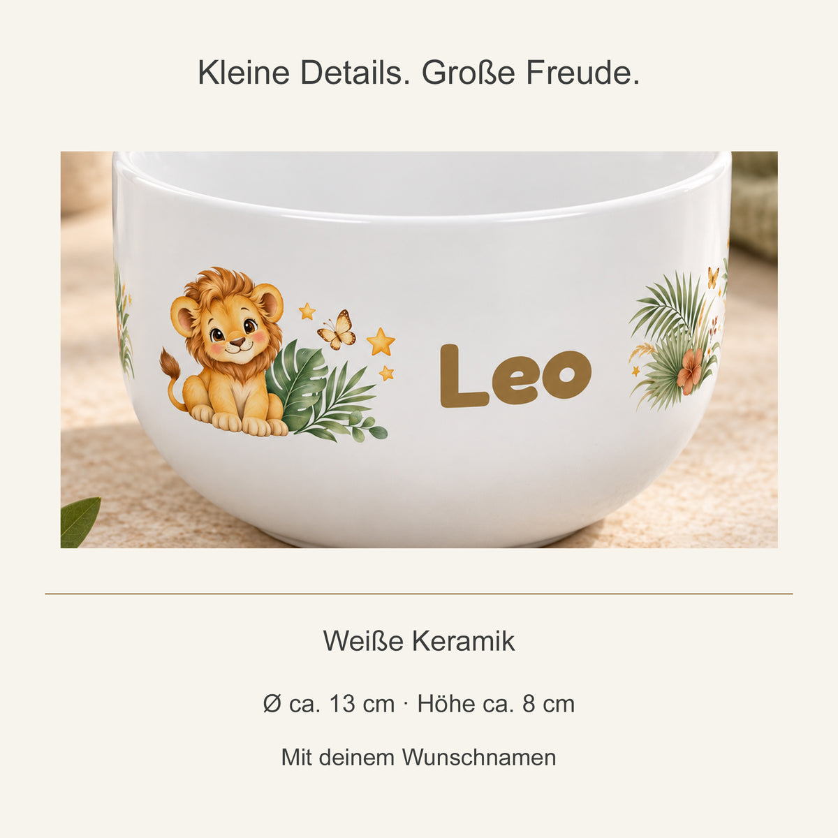 Motivdetail der Keramikschale und Angaben zu Größe und Personalisierung