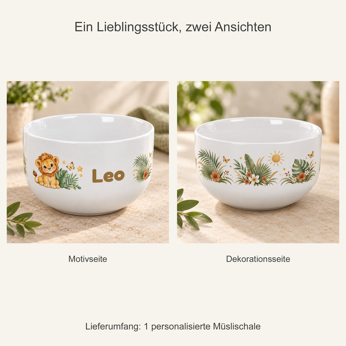 Zwei Ansichten einer einzelnen Müslischale mit Löwe-Motiv