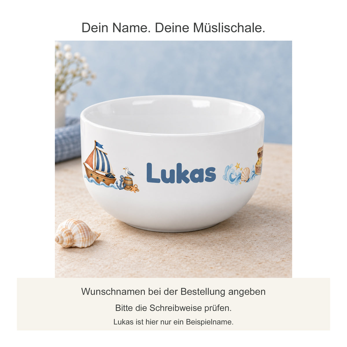 Personalisierte Müslischale Piratenboot mit Hinweis zum Wunschnamen